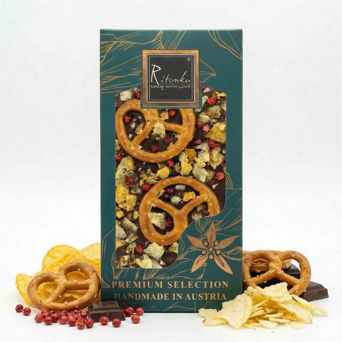 Premium Milchschokolade - Brezel, Crispy Chips, roter Pfeffer - GUNDT HOME