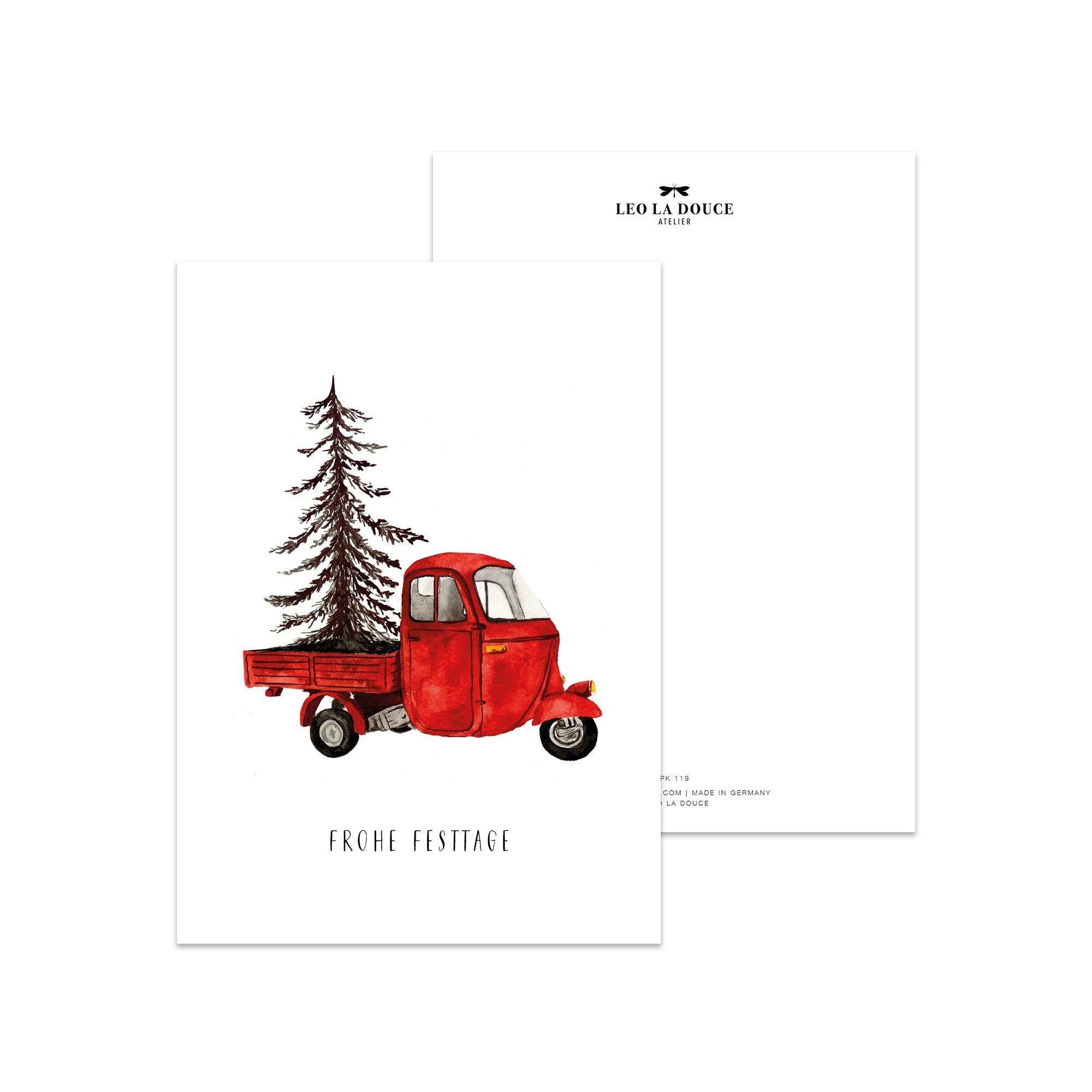 LEO LA DOUCE Postkarte - Red Christmas Vehicle